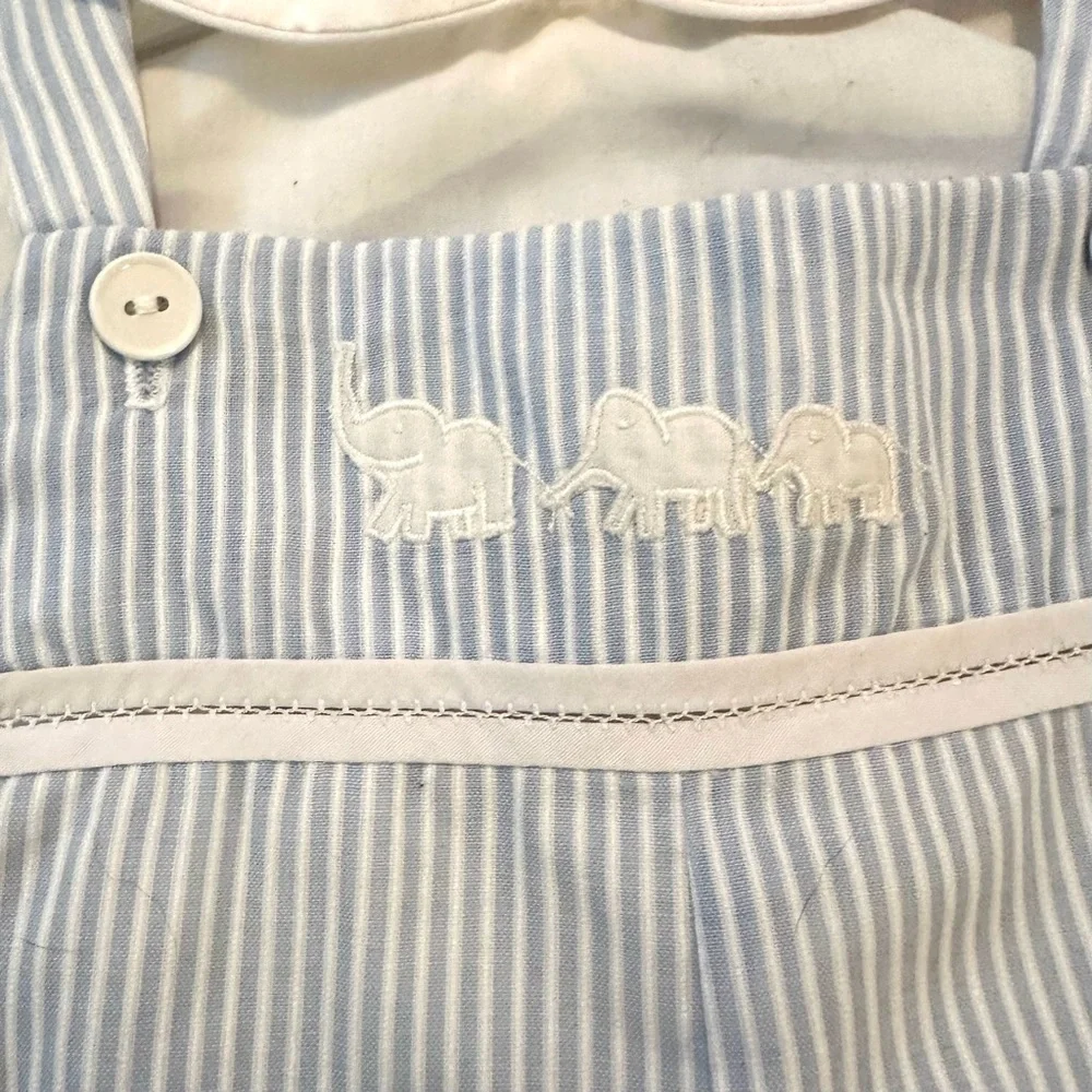 Vintage Baby Togs Boys Blue White Striped Elephants Shortall Romper 6-9M